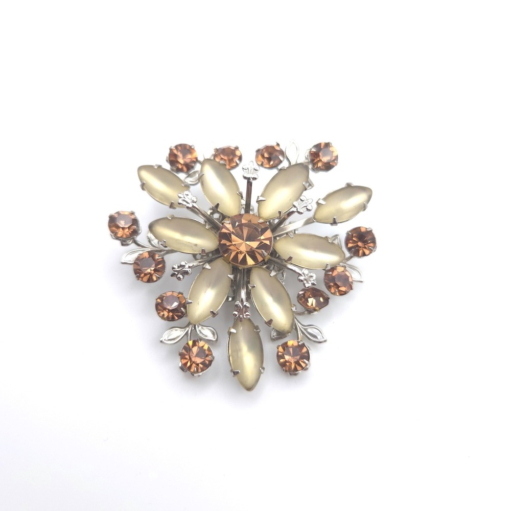 Vintage Floral Sunburst Brooch Champagne Moonstone Amber Rhinestone Silver Tone